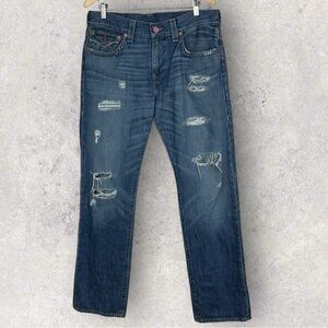 True Religion Ricky Straight Mens Jeans Razors Edge Blue Size 34 Cotton Distress